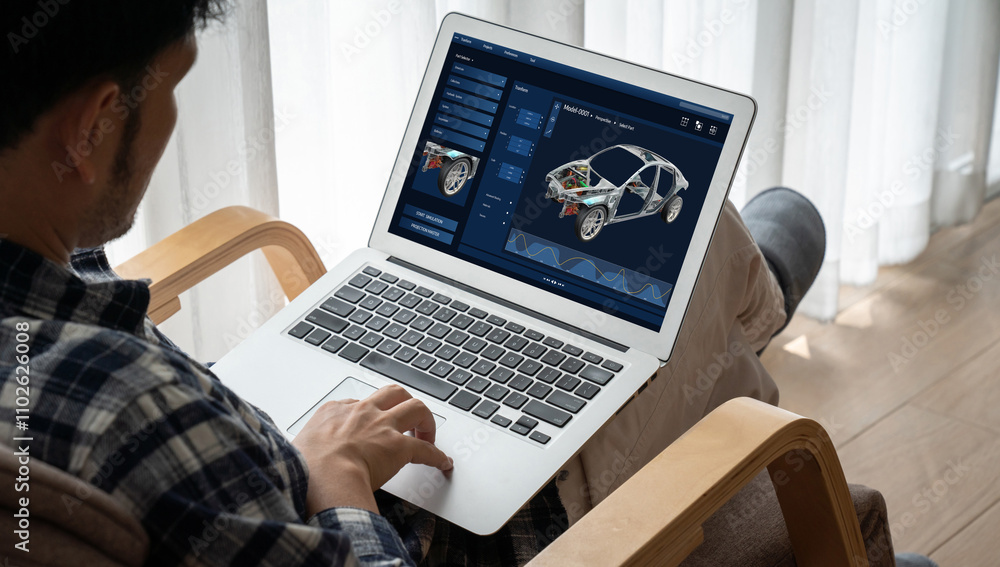 Poster electric car design software on computer screen showing simulation blueprint snugly by digital calcu