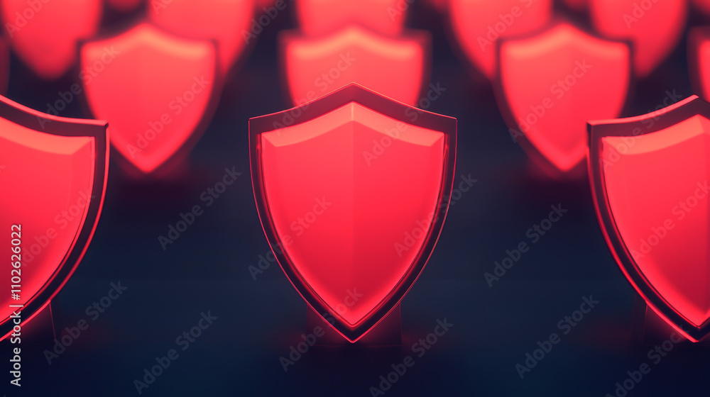 Poster abstract representation of digital security with glowing red shields on a dark background.
