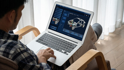 Electric car design software on computer screen showing simulation blueprint snugly by digital calculating application for manufacturing preparation
