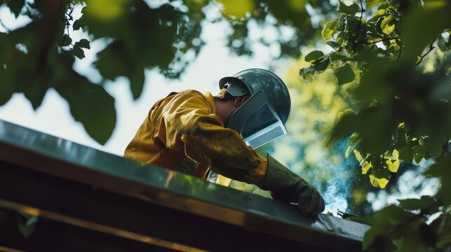 A skilled welder working on metal structures, framed by a clean green environment symbolizing focus