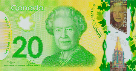 Money issued by Bank of Canada in denomination twenty dollars in polymer front view