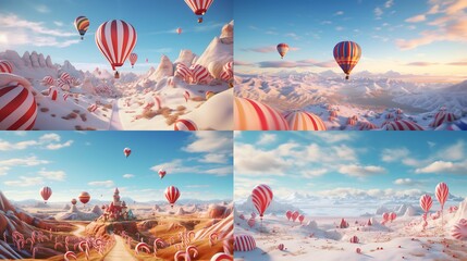 A whimsical hot air balloon ride over a landscape of candy cane fields and gumdrop mountains, capturing the magic of Christmas from high above.