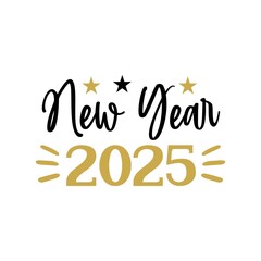 New Year 2025 typography clip art design for T-shirts and apparel, Happy New Year art on plain white background for shirt, hoodie, sweatshirt, card, tag, mug, icon, poster or badge