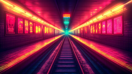 Fototapeta premium Neon Subway Tunnel 3D Illustration
