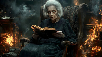 Elderly Woman Reading in Fiery Room Illustration