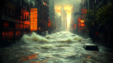 Fototapeta premium Flooded City Street Digital Painting