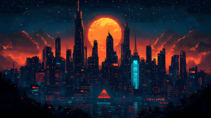Obraz premium Pixel Art Cityscape at Sunset