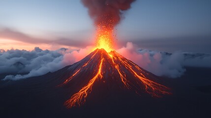 Photo Realistic, An erupting volcano spewing molten lava into the night sky, with glowing lava flows cascading down its slopes, and ash clouds illuminated by the fire, showcasing the raw power 