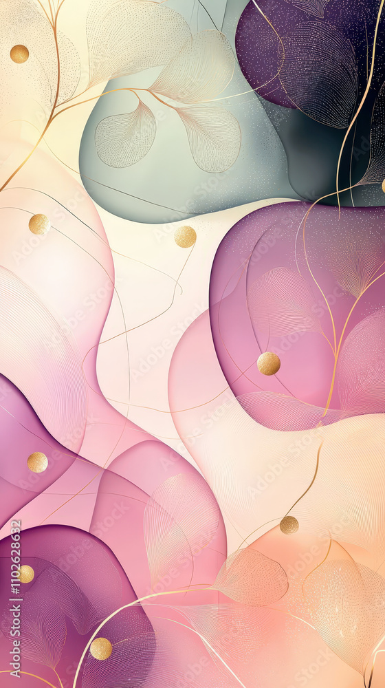 Poster elegant blend of pastel colors with subtle leaf shapes and golden circular accents creating a calmin