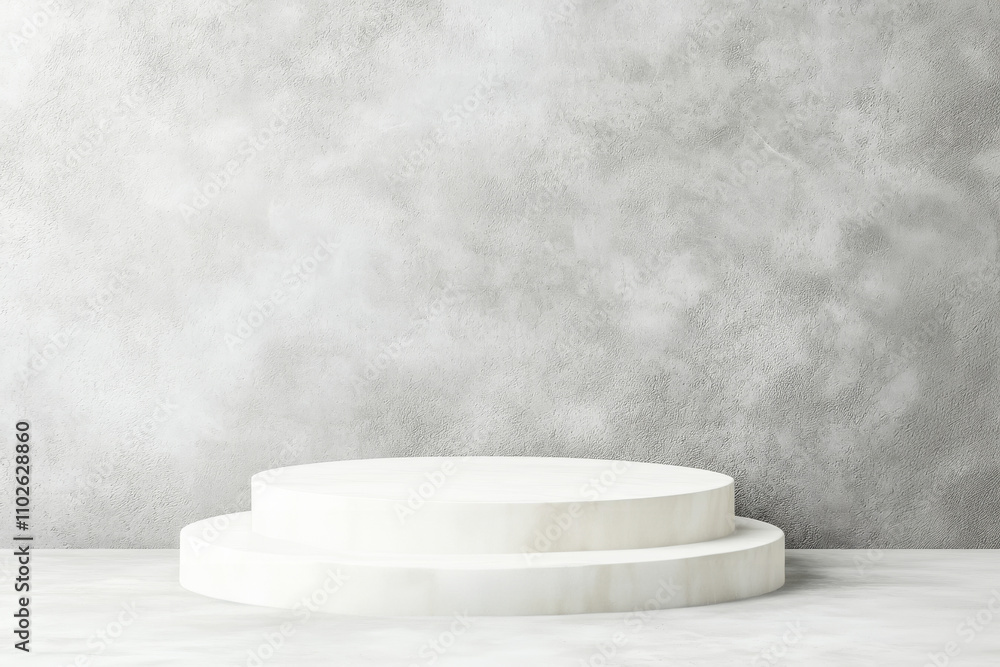 Poster minimalist white podium with textured gray background for display and presentation.