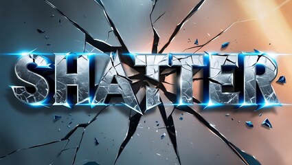 Shattered metallic text effect on cracked glass background.