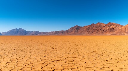 Rugged and cracked desert terrain in one of the driest places on earth, with barren mountains on the horizon and a cloudless blue sky, the sun beating down on the lifeless land 