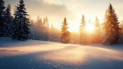 A serene winter evening shows the sun setting behind tall evergreen trees as gentle snowflakes fall on a snowy landscape