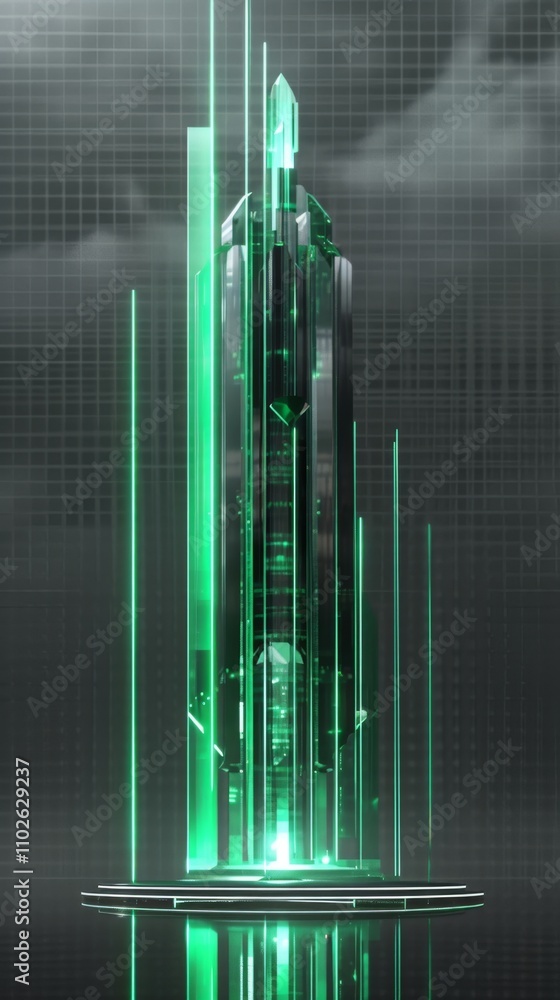 Poster modern skyscraper with sharp, futuristic lines and glowing green digital elements. the sleek design 