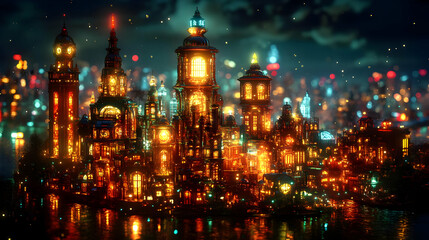 Obraz premium Luminous Steampunk Cityscape 3D Illustration