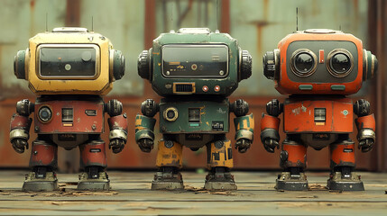 Fototapeta premium Retro Robot Trio 3D Illustration