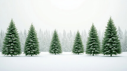 Obraz premium Evergreen trees stand tall in a snowy landscape, creating a tranquil winter atmosphere surrounded by a dense forest