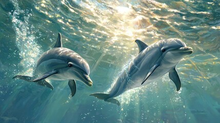 Dolphins swimming gracefully in crystal clear ocean waters underwater scene nature's beauty