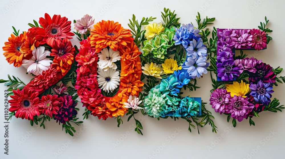 Poster A vibrant display of assorted flowers forms the numbers representing 2025, surrounded by green leaves on a white surface