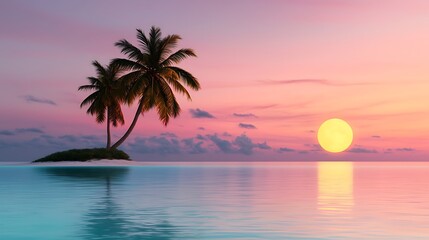 A lush tropical island at twilight, surrounded by calm waters reflecting the glow of several moons hanging low in the sky, each moon adding to the mystique and serenity of the scene, enhancing 
