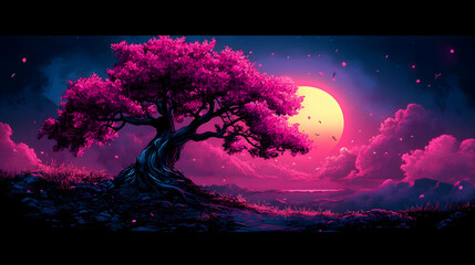 Pink Blossom Tree Night Illustration
