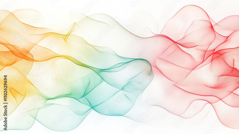 Poster Translucent fabric waves in hues of orange, green, and red create a soft, dynamic visual flow against a pale backdrop