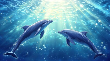 Obraz premium Dolphins swimming gracefully underwater ocean nature photography marine environment serene scene