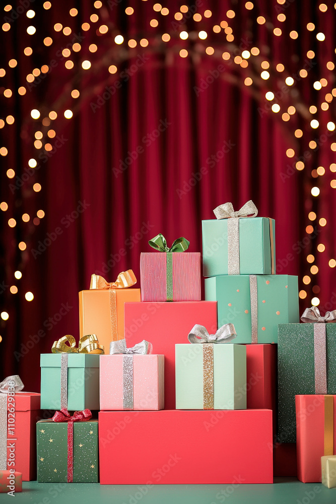 Poster stacks of vibrant gift boxes are arranged artfully against a rich red curtain, illuminated by soft, 