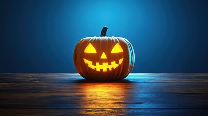 Illuminated JackOLantern Sits On Wooden Surface