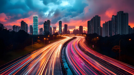 Fototapeta premium City Highway Light Trails at Sunset