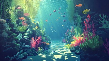 Obraz premium Underwater Paradise: Vibrant Coral Reef with Colorful Fish Swimming in Clear Blue Waters Illuminated by Sunlight Filtering Through the Surface