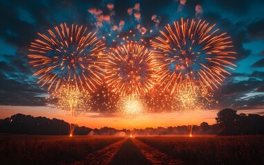 A field of firework displays with a sunset in the background
