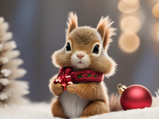 Fototapeta premium A baby squirrel dressed in a tiny red scarf, holding a small Christmas tree ornament, sitting by a small pile of pinecones. 
