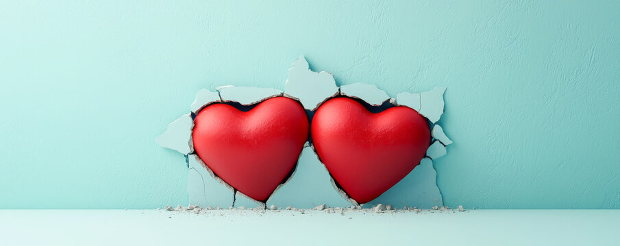 Two red hearts breaking through a wall, symbolizing love and connection.