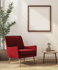 Scandinavian interior design of modern living room with accent red armchair and frame on wall.