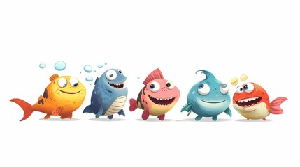Colorful and Playful Cartoon Fish Characters Smiling and Swimming Together in a Whimsical Underwater Scene Perfect for Children's Designs and Decorations