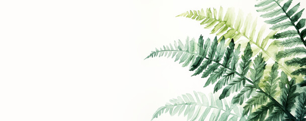 Modern Watercolour Illustration of a Fern Leaves on White Background. Space for product or promo text. Modern Botanical Illustration. 