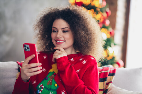 Photo of attractive lovely woman wear new year print sweater hold dadget shopping online christmas time indoors