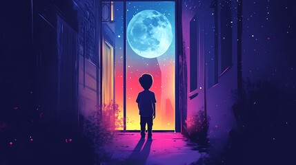 Obraz premium A Child Standing at the Doorway Gazing at a Vibrant Moonlit Sky, Surrounded by a Dreamlike Atmosphere and Stars in a Colorful Digital Art Landscape