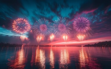 A beautiful night sky with a large body of water and a group of fireworks