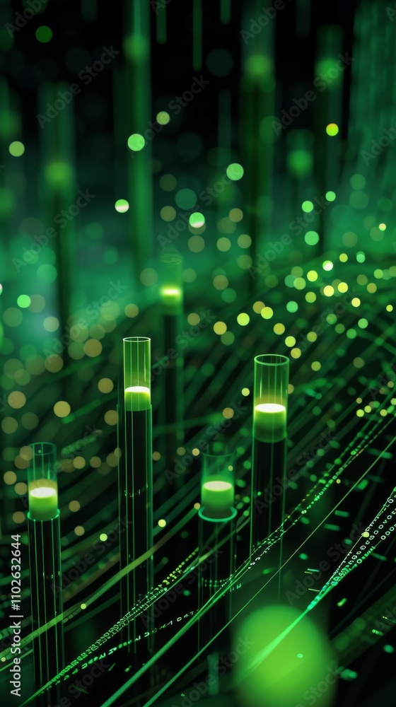 Poster a futuristic abstract green digital landscape featuring glowing elements, dynamic lines, and data pr
