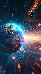 Obraz premium A striking digital representation of Earth glowing in space, surrounded by dynamic energy bursts and streaks of light, evoking a sense of motion and cosmic power. AI generated.