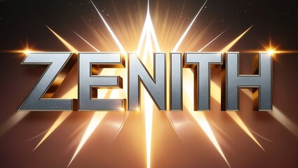 3D metallic text "Zenith" with radiant light burst background.