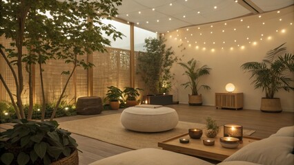 Ambient lighting synced to calming soundscapes creating an immersive atmosphere for rejuvenation.