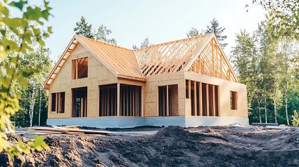 Wooden Frame House Under Construction in a Wooded Area