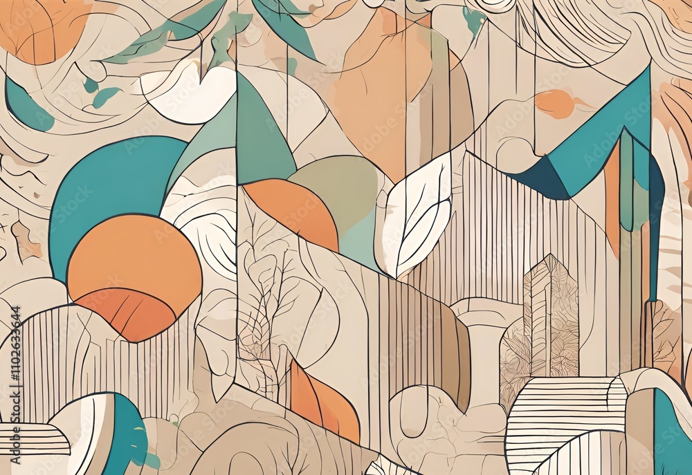 Poster abstract beige and orange geometric design with artistic patterns and soft tones