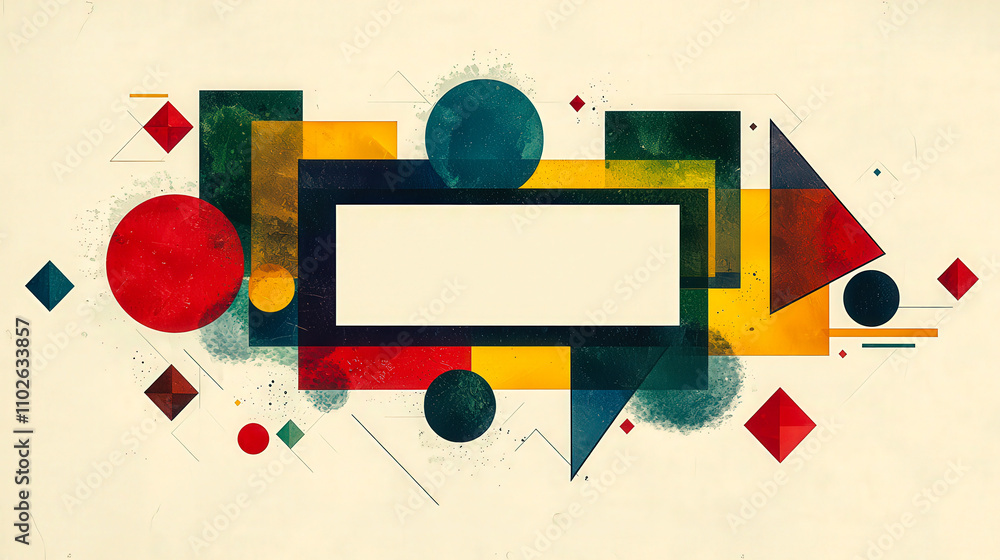 Poster A dynamic composition features a variety of colorful geometric shapes, including circles, squares, and triangles, arranged around a central blank area, suitable for adding text or graphics