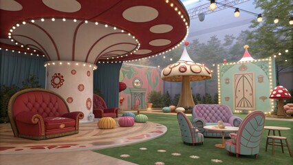 Whimsical spaces adorned with oversized props and fantastical designs creating a theatrical atmosphere for enjoyment.