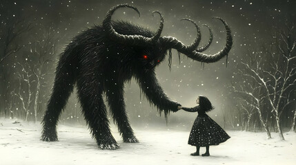 Dark Fantasy Winter Illustration: Girl and Beast