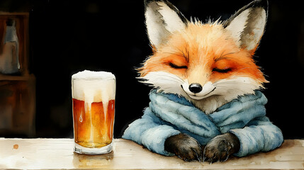 Cozy Fox Illustration: Watercolor Beer Drinker
